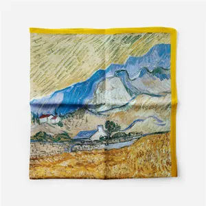 Macro detail of Van Gogh wheat field oil painting print on square silk scarf edge