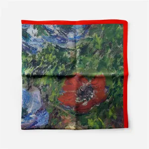 Detail of Monet oil painting style silk scarf with vibrant red poppy flower print