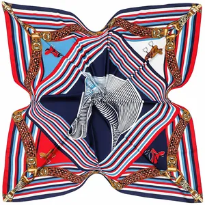 Vintage geometric stripe square scarf with equestrian horse head and buckle patterns