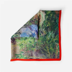 Detail of Monet oil painting style silk scarf featuring green leaves and red edges