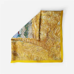 Macro detail of Van Gogh wheat field oil painting silk scarf with yellow rolled hem edges