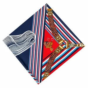 Vintage geometric horse head square scarf with equestrian patterns in red and blue colors