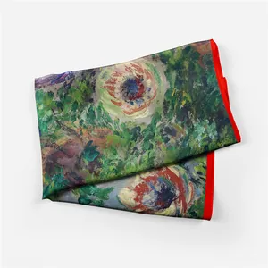 Detailed texture of Monet style oil painting floral silk scarf with red rolled edges