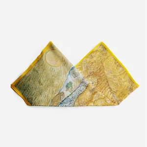 Detailed macro view of Van Gogh Wheatfield silk scarf texture and fine yellow hemmed edges