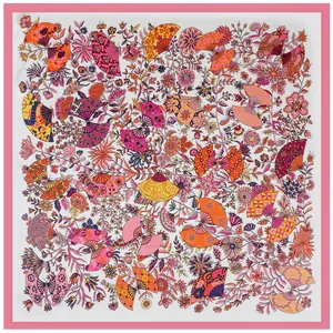 90cm square silk scarf with vibrant floral and fan patterns on a white background