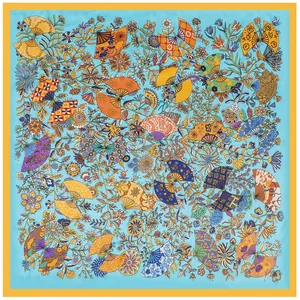 Sky blue 90cm square silk scarf with floral fan patterns and bright orange hem