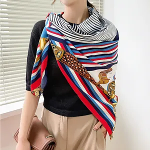 European vintage silk scarf featuring geometric horse and lion patterns in 130cm square