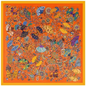 Luxurious 90cm silk square scarf with vibrant orange floral fans and ornate patterns