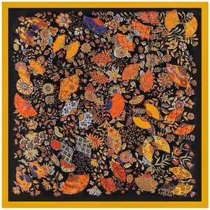 Elegant 90cm square silk scarf featuring artistic fan and floral prints on black fabric