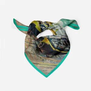 Silk-textured square scarf with Monet-style oil painting print and green borders