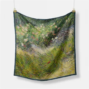 Van Gogh series silk scarf featuring butterfly painting and navy blue contrast borders