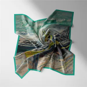 Impressionist Monet oil painting silk scarf with sea boat print and green border
