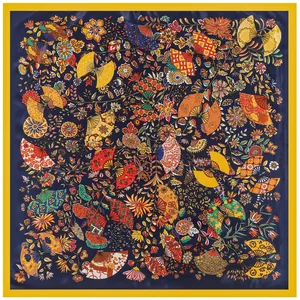 Detailed pattern of a luxury 90cm silk square scarf with floral fan motifs on navy blue