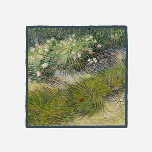 Artistic Impressionist Oil Painting Style Grass And Butterfly Print Square Satin Scarf For Women Decorative Neck Scarf