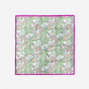 53cm square silk scarf with vibrant floral and bird patterns with rose red hemmed edges