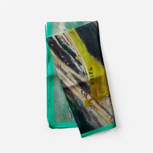 Detail view of Monet style floral silk scarf with hand-rolled edges and oil painting texture