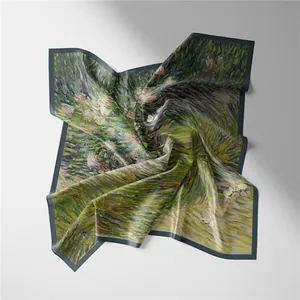 53cm Van Gogh style silk scarf with green butterflies and flowers painting oil pattern