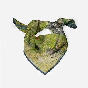 Van Gogh style silk scarf with floral butterfly print and blue border on white background