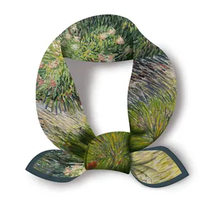 Detailed view of Van Gogh style oil painting floral silk scarf with hand-rolled edges