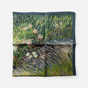 Detail of Van Gogh oil painting silk scarf showing vibrant floral and butterfly patterns
