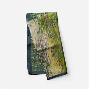 Detailed close-up of Van Gogh style oil painting floral silk scarf with hand-rolled edges