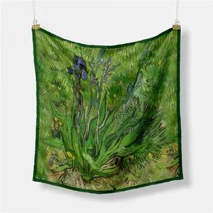 Green Van Gogh Iris oil painting print silk scarf with fine hand-rolled edges