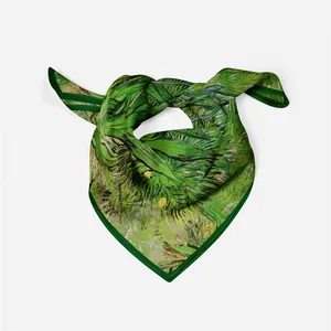 Van Gogh Green Iris oil painting style 53cm twill silk scarf tied in a neckerchief knot
