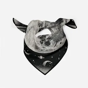 Detail of premium silk scarf featuring black and white lunar and cosmic art print