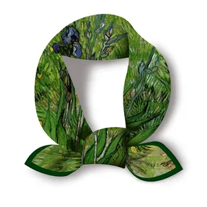Detailed texture of Van Gogh Iris oil painting silk scarf with green rolled edge detail
