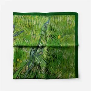 Detailed close-up of Van Gogh Iris oil painting print on premium green silk scarf