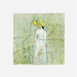 Μεταξωτό μαντήλι Van Gogh 53cm με πορτρέτο κοριτσιού στα λευκά σε πράσινο φόντο