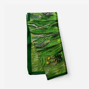 Detail of the Van Gogh green iris oil painting silk scarf with fine rolled edge stitching