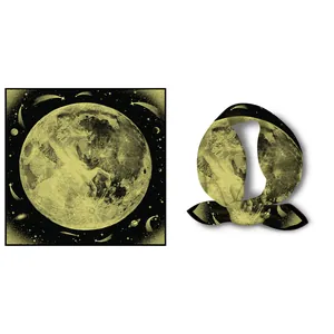 Artistic moon and Pegasus printed silk scarf in elegant black and gold tones