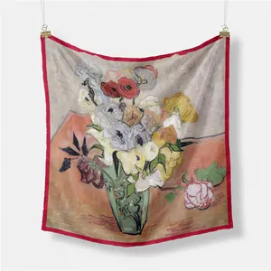 Foulard in seta stile Van Gogh con rose e anemoni e bordi rifiniti in rosso