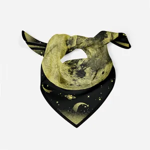 Close-up of the moon and stars print details on the celestial themed square silk scarf