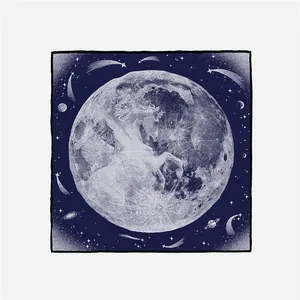 Navy blue silk scarf featuring moon unicorn silhouette and starry sky illustration