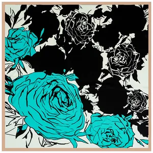 130cm square silk scarf with hand-painted oversized roses and artistic floral pattern