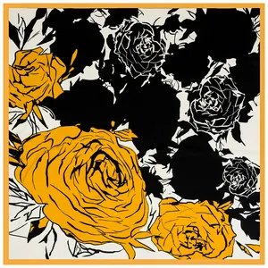 Artistic scarf with hand-painted abstract rose patterns and vibrant yellow borders