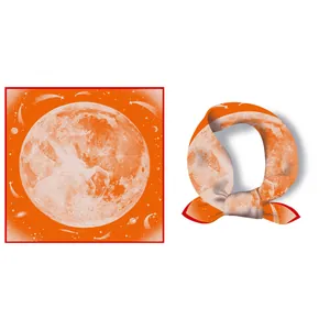 Artistic orange silk square scarf featuring moonlight print and starry sky pattern