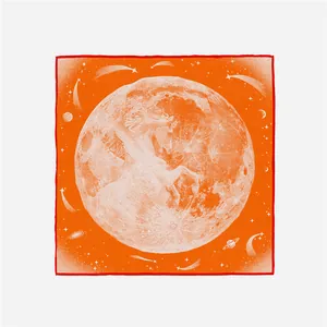 Orange square silk scarf with white moon and pegasus astronomical print and red edges