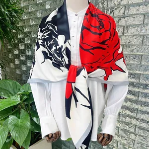 Silk-feel square scarf with bold red and black hand-painted rose patterns, 130cm shawl