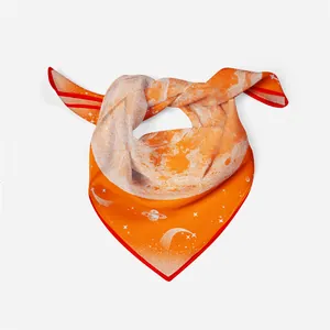 53cm orange silk-feel square scarf featuring white cosmic celestial and lunar prints