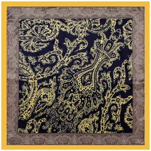 90cm vierkante zijden sjaal met geel paisley patroon op marineblauw en sierranden
