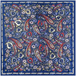 Navy blue paisley and heart print square silk scarf for women in bohemian style