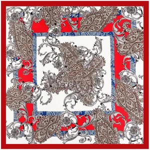 Rode en blauwe zijden vierkante sjaal met paisley-print iris plat neergelegd