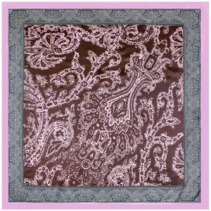 Vintage vierkante sjaal van 90 cm voor dames met bruine en roze paisley-patronen in zijde-look