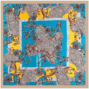 Luxe 90cm vintage vierkante sjaal met paisley- en iris-bloemenpatroon, blauw en geel