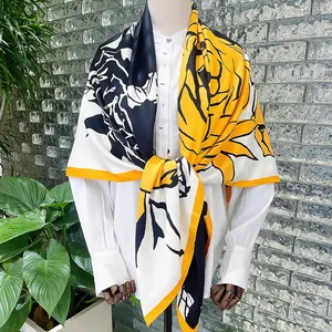 Modern 130cm silk scarf with hand-painted rose patterns in yellow and black