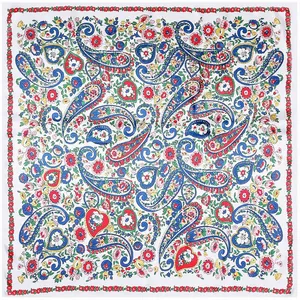 90cm vintage paisley silk square scarf with colorful bohemian floral patterns on white