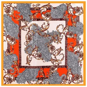 90cm vierkante zijdeachtige sjaal met oranje paisley en gouden barokpatronen
